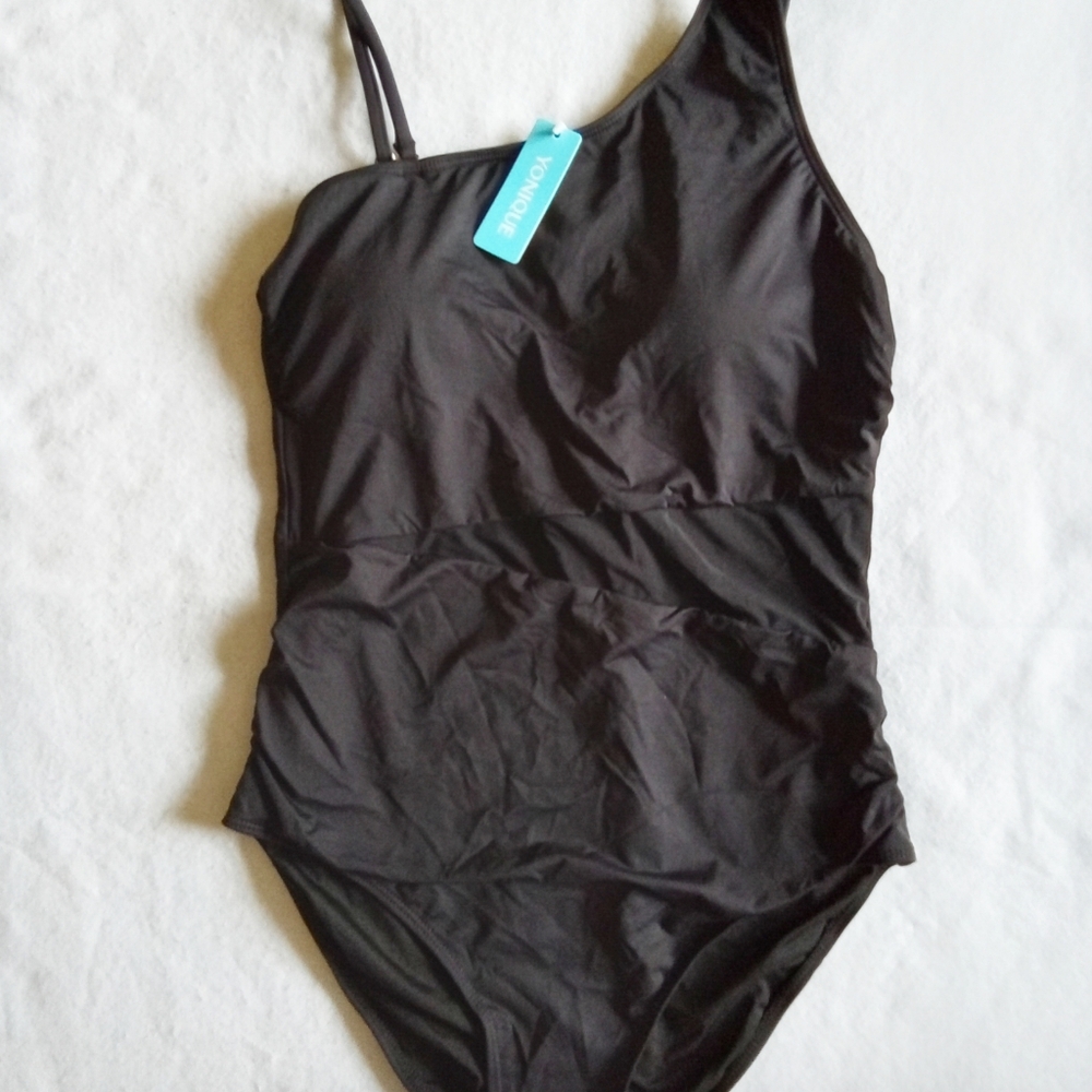 Yonique women's asymetrical One Piece Black Mesh Swimsuit